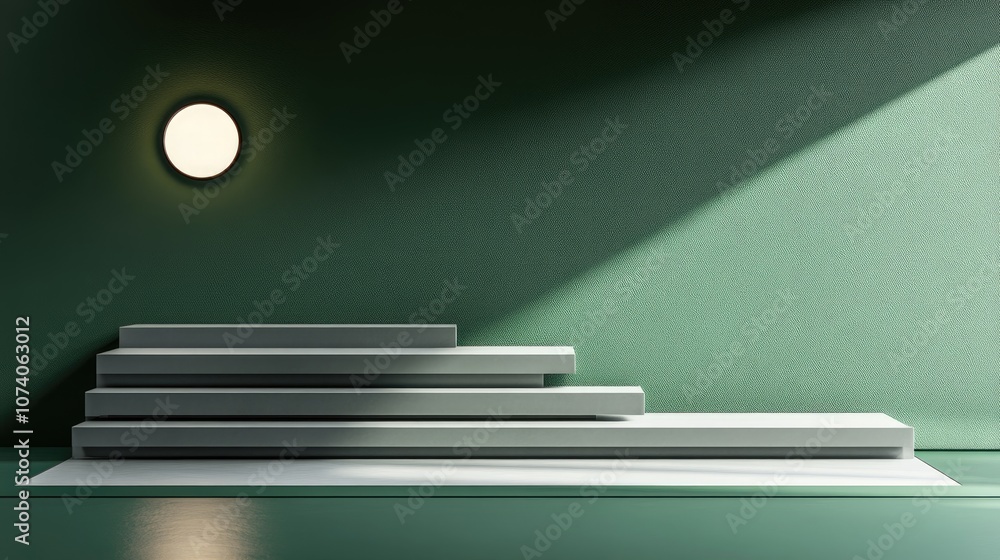 Fototapete Abstract minimal exhibition backdrop featuring geometric shapes and steps Simple background for showcasing product design Podium setup for product display 3D rendering