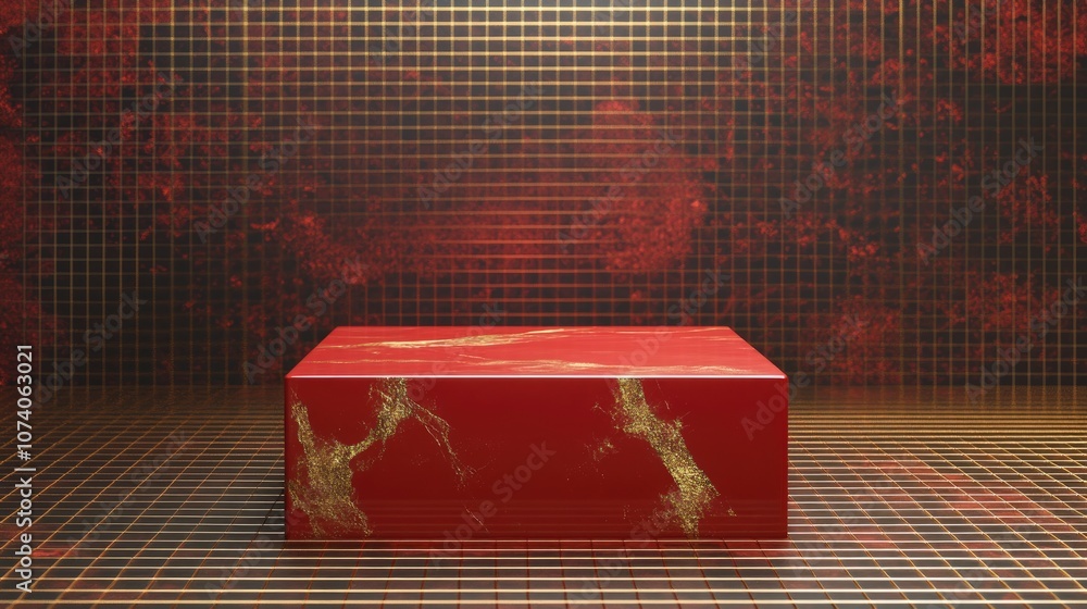 Poster Dark red block podium on a square gold grid with terrazzo rendering featuring a transparent background in 3D