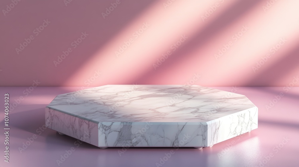 Poster 3D rendered octagonal white marble podium on the floor featuring geometric shapes suitable for product presentation and mock up against an abstract pastel background