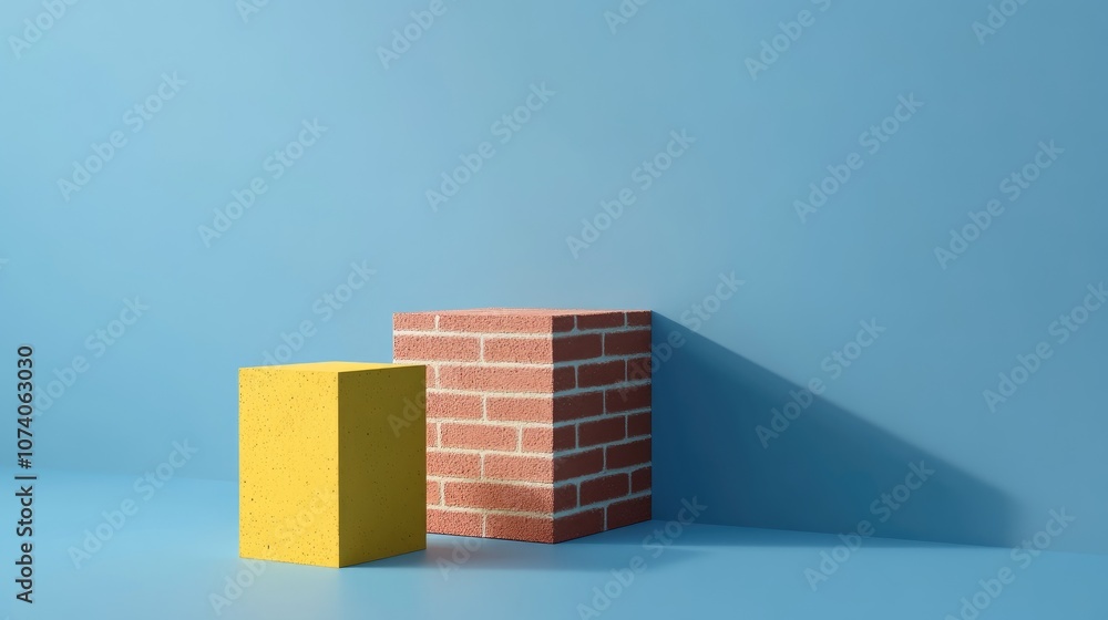 Poster minimalistic composition featuring a brick block and a yellow steel block against a blue backdrop ge