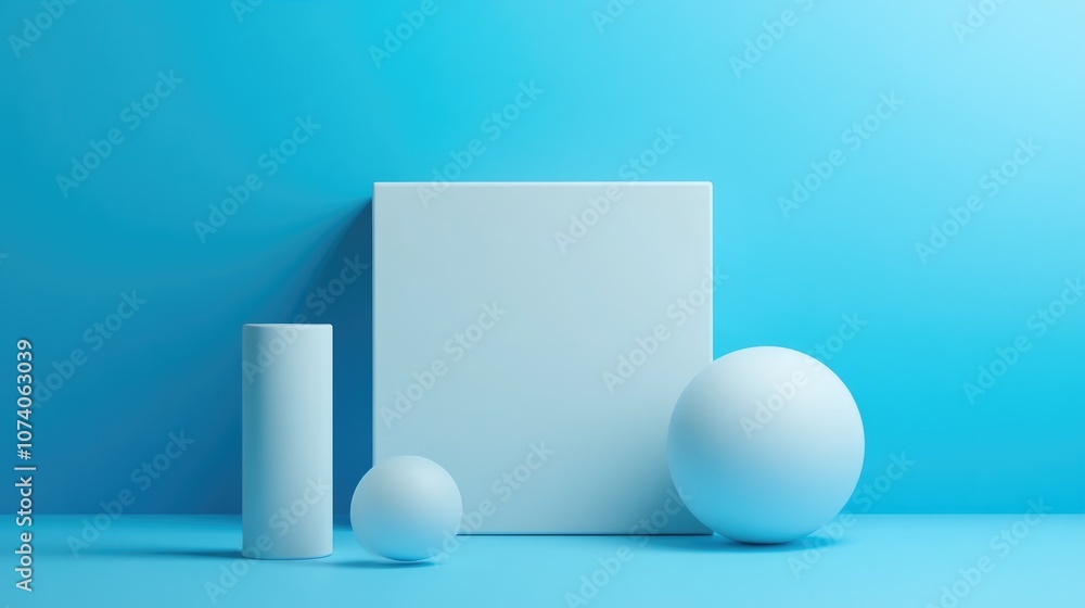 Poster 3d rendered shapes of a square large circle cylinder and sphere on a blank blue floor