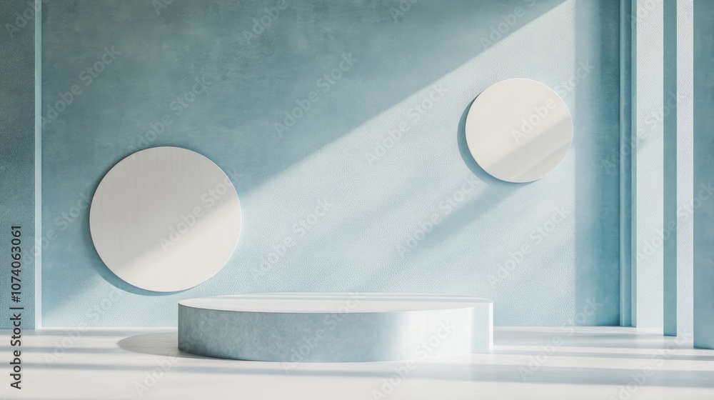 Poster Abstract geometric blue and white pastel color shapes in a minimal modern style featuring a wall background and a mock up composition for a booth podium stage display table in 3D rendering