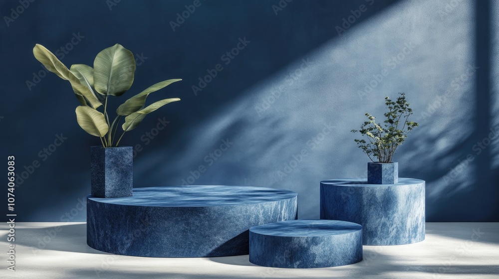 Leinwandbilder minimalist blue podium for product display against a backdrop featuring 3d rendering of geometric sh