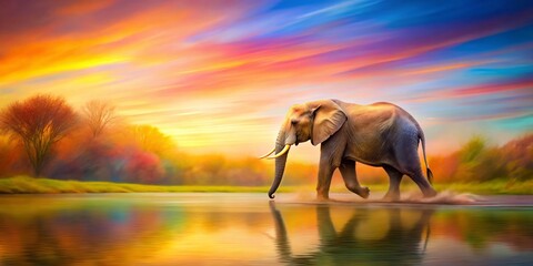 Captivating Long Exposure Watercolor of an Elephant in a Serene Landscape, Blending Nature and Artistry to Create a Dreamlike Atmosphere