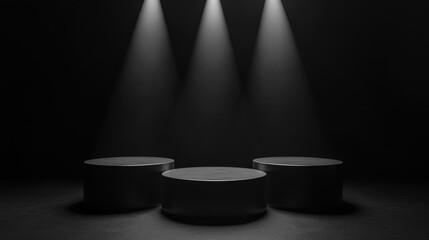 Three podiums set against a black background 3D rendering