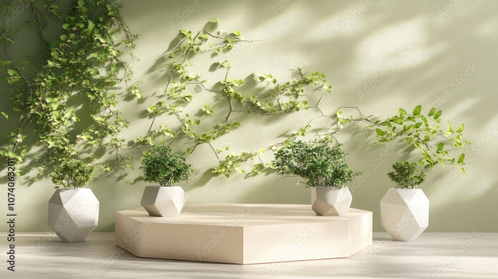 Aufkleber hexagonal shaped podium display stage featuring a home plant ornament in 3d rendering