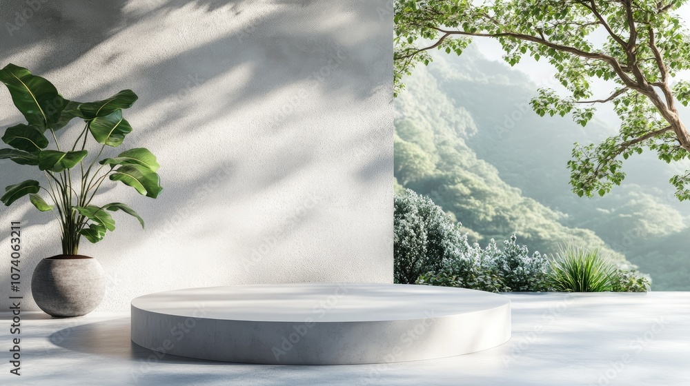 Aufkleber 3D rendering illustration of a blank podium display for product mockup with a natural backdrop