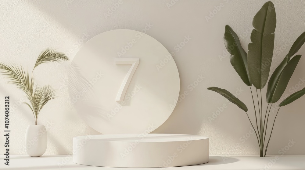 Aufkleber Minimalistic white podium for mock up presentation featuring the number 7 with abstract 3D render and ample copy space