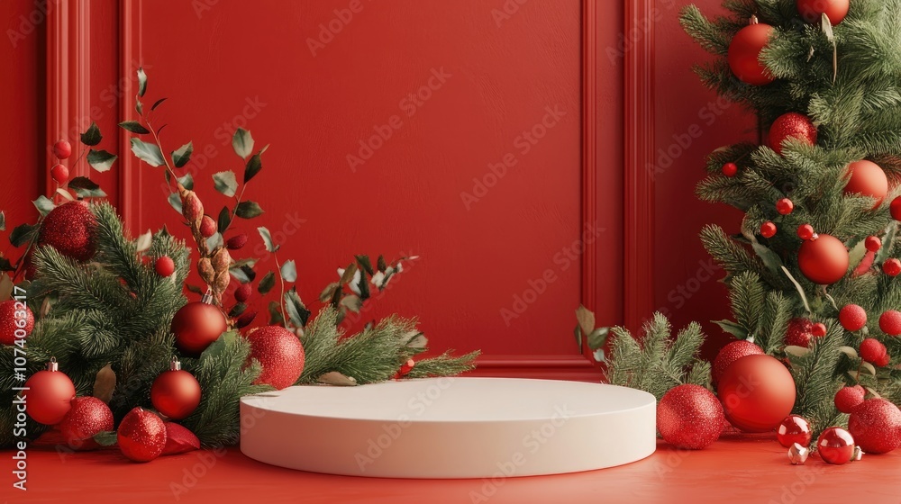 Aufkleber 3D rendering of a festive product display podium with decorative background for a holiday event