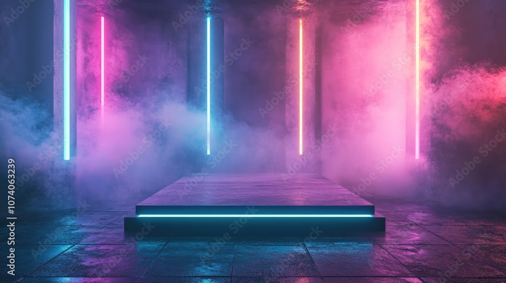 Poster smoke fog in a sci fi virtual setting featuring vibrant neon colors an empty podium and reflective e