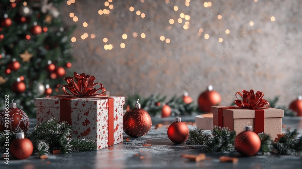 Poster 3d rendering of a christmas themed backdrop featuring wrapped gift boxes decorative ornaments and va