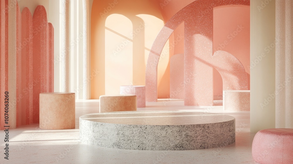 Aufkleber Pastel colored podium setup featuring geometric shapes in the background for product display 3D rendering