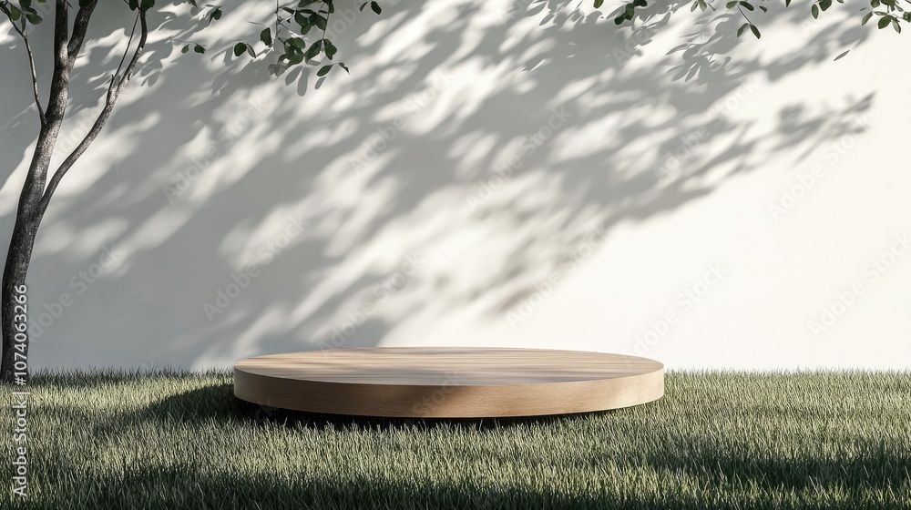Aufkleber wooden display pedestal design platform blank product stand on grass with tree shadows on the wall 3