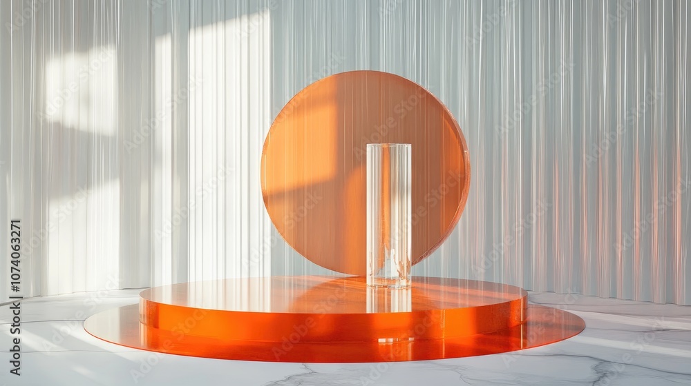 Poster 3d render of a circular and glass backdrop featuring a transparent orange cylinder podium within a s