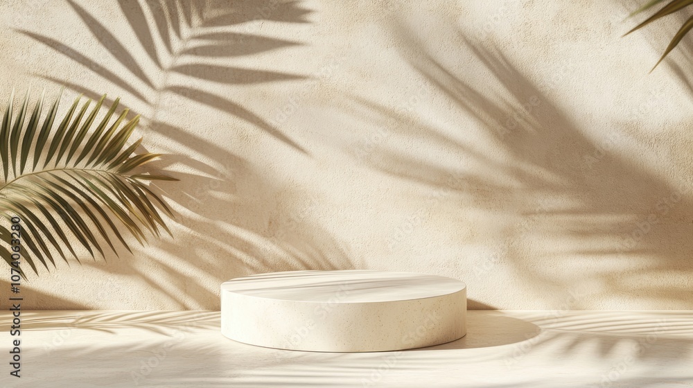 Aufkleber Minimalistic modern product showcase on a textured beige backdrop featuring shadows of palm leaves with 3D rendered podium for object placement