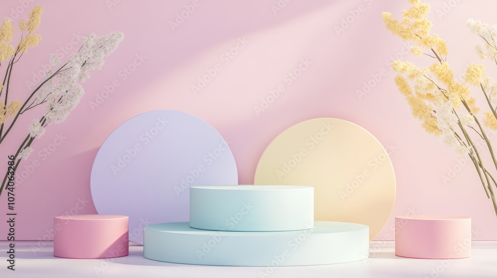 Aufkleber Minimalist 3D rendering featuring an empty step cube and colorful pastel podium for product display against an abstract background Mockup of geometric shapes in soft hues 3D illustration for cosme