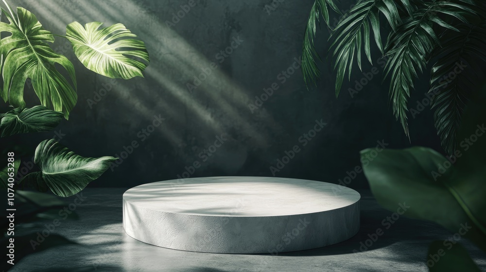 Poster 3D rendering of a podium scene featuring a geometric platform with a leaf design ideal for showcasing cosmetic products against a dark background