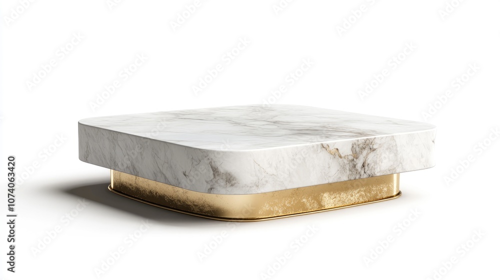 Poster 3D rendering of a square marble pedestal with a golden square frame bending into an overlapping artistic dimension suitable for advertising isolated on a white background in a minimalist style