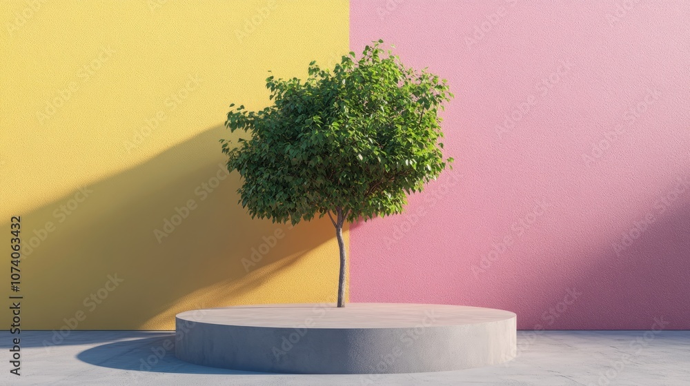 Fototapete Aerial perspective featuring a vibrant backdrop with a tree stand or podium set against a blank display 3D rendering