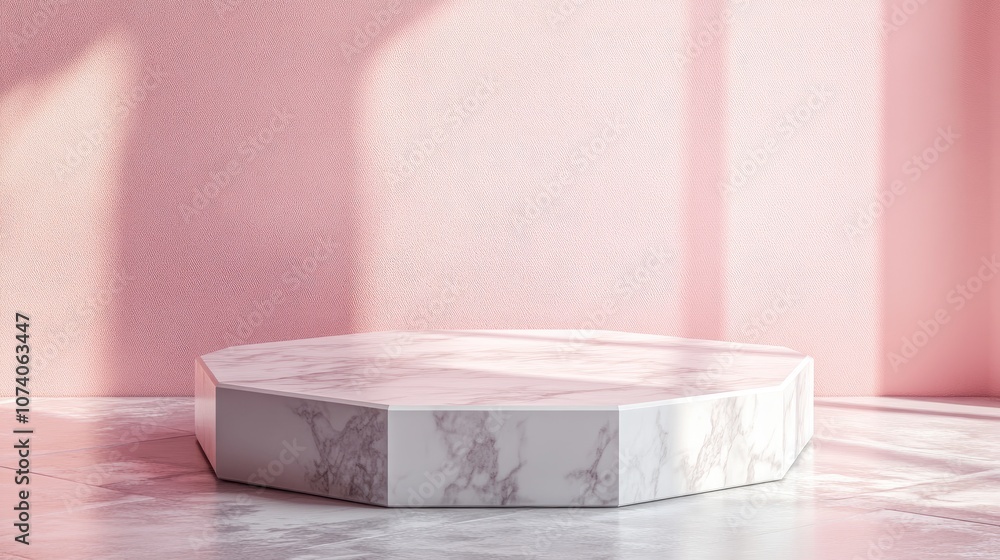 Aufkleber 3D rendered octagonal white marble podium on the floor featuring geometric shapes suitable for product presentation and mock up against an abstract pastel background