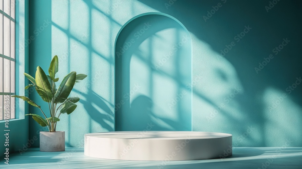 Poster 3d rendering of a podium or presentation dais in a sunlit teal room ideal for display or advertising