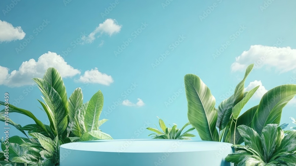 Poster 3d rendering of an abstract podium display featuring tropical leaves and a blue sky with clouds crea