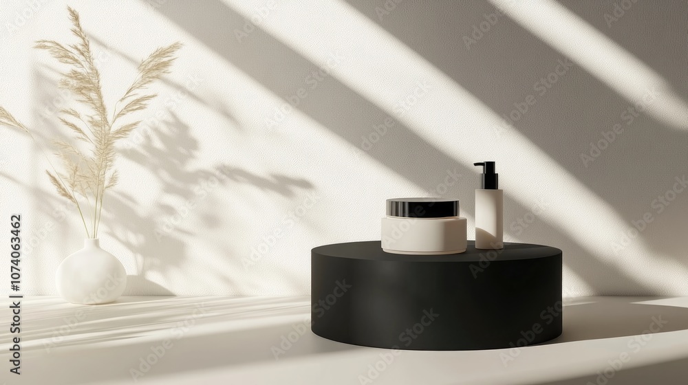 Aufkleber 3D rendering of a minimalist display for cream cosmetics with a modern black podium backdrop