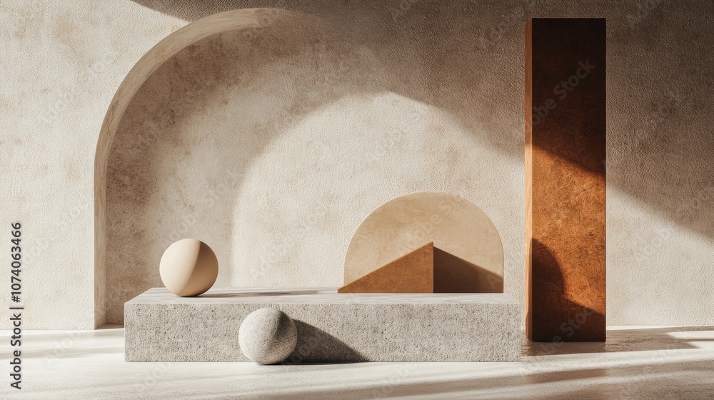 Poster Podium or platform in an abstract setting Minimalistic scene featuring a podium alongside geometric shapes 3D rendering illustration of abstract geometry