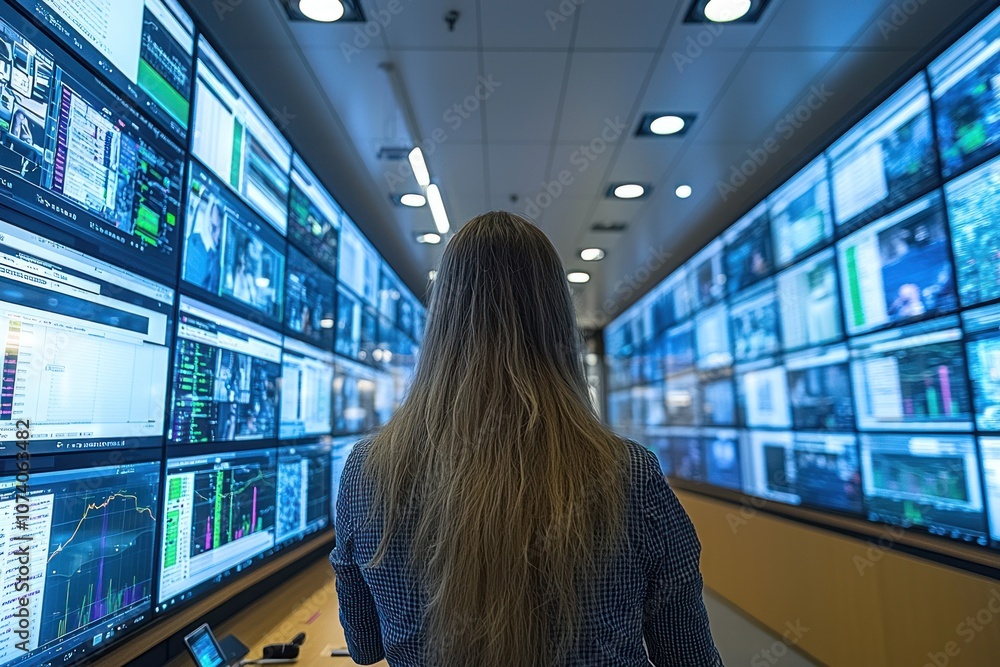 Poster woman facing wall of screens displaying data and graphics