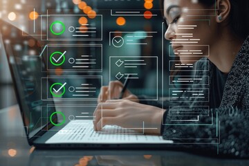 Businesswoman Approving Digital Documents with Checklist and Certification for Quality Control in a Business Environment Using Smartphones