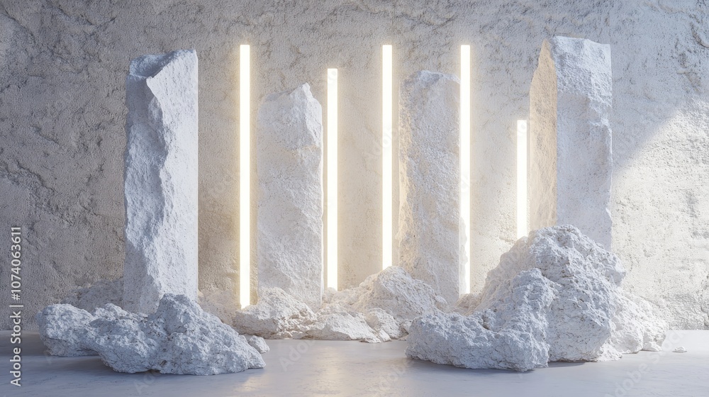 Poster 3D rendering of white stone wall fragments with textured edges illuminated by neon white light set against a birch backdrop featuring rubble stone slabs for a product display background