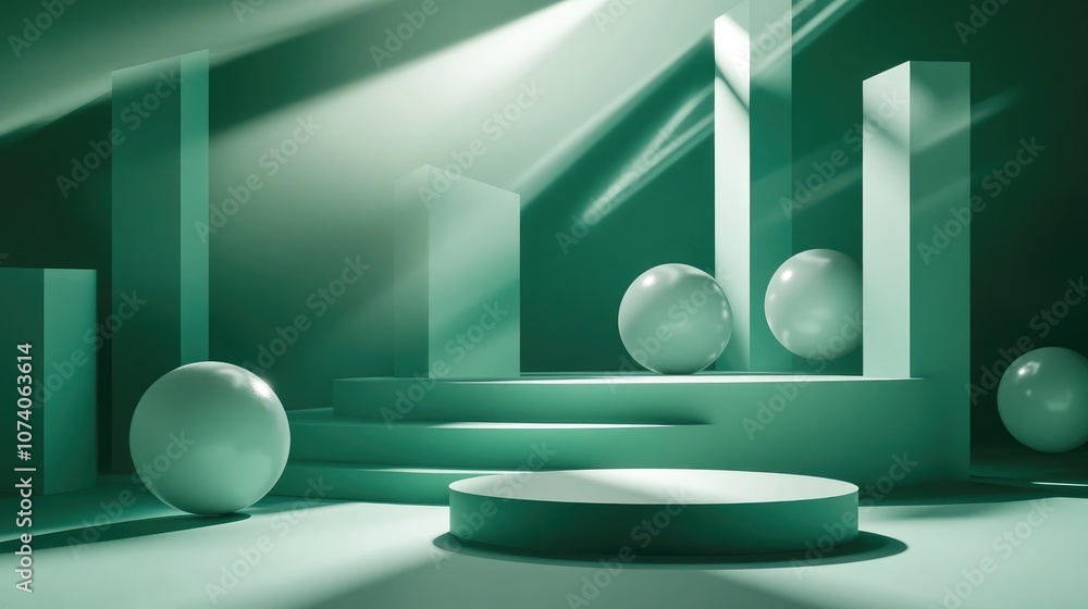 Poster Minimalistic scene featuring a podium against an abstract backdrop Geometric shapes in green hues 3D rendering with geometrical forms a green backdrop and spherical lighting effects