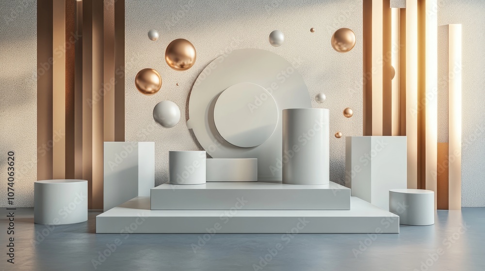 Poster Industrial product display with abstract shapes in 3D rendering