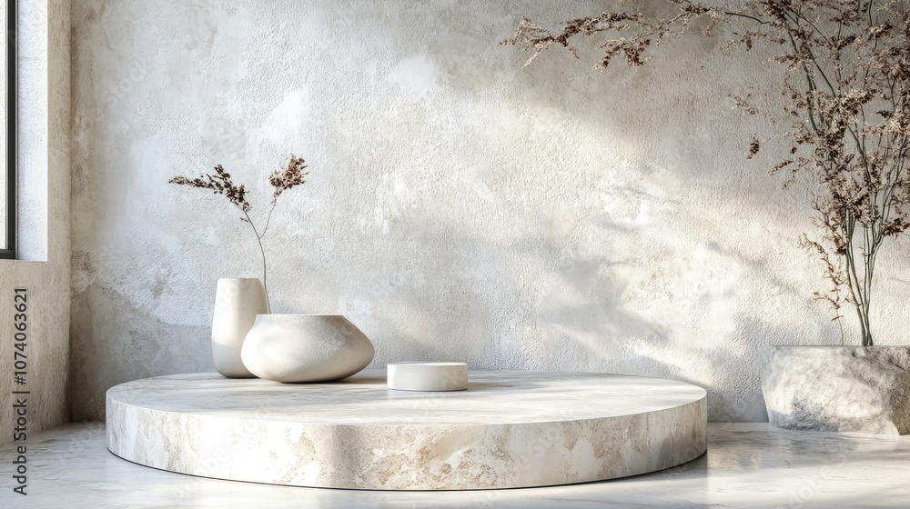 Poster rough white stone display podium featuring a circular design ideal for product presentation 3d rende