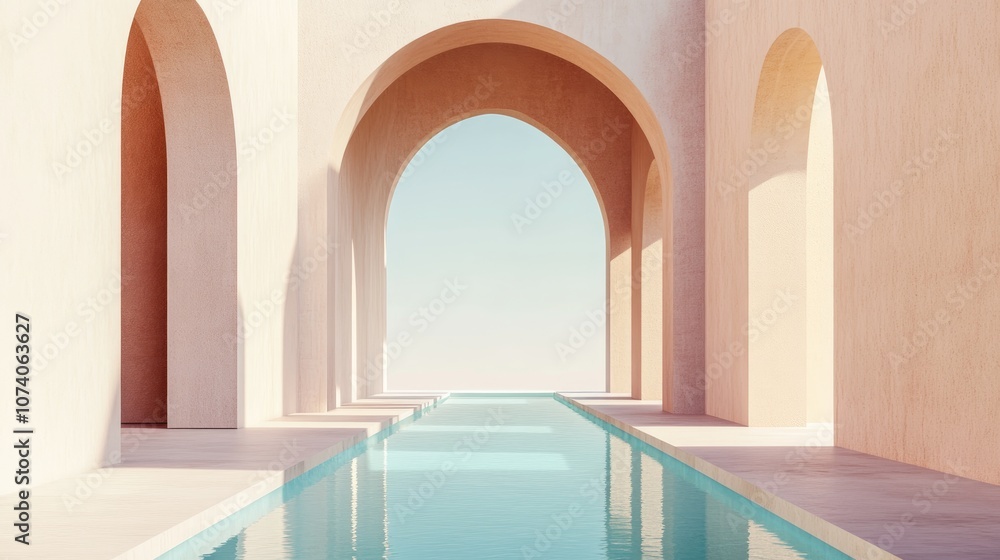 Poster abstract composition featuring geometric shapes an archway and a swimming pool under natural dayligh