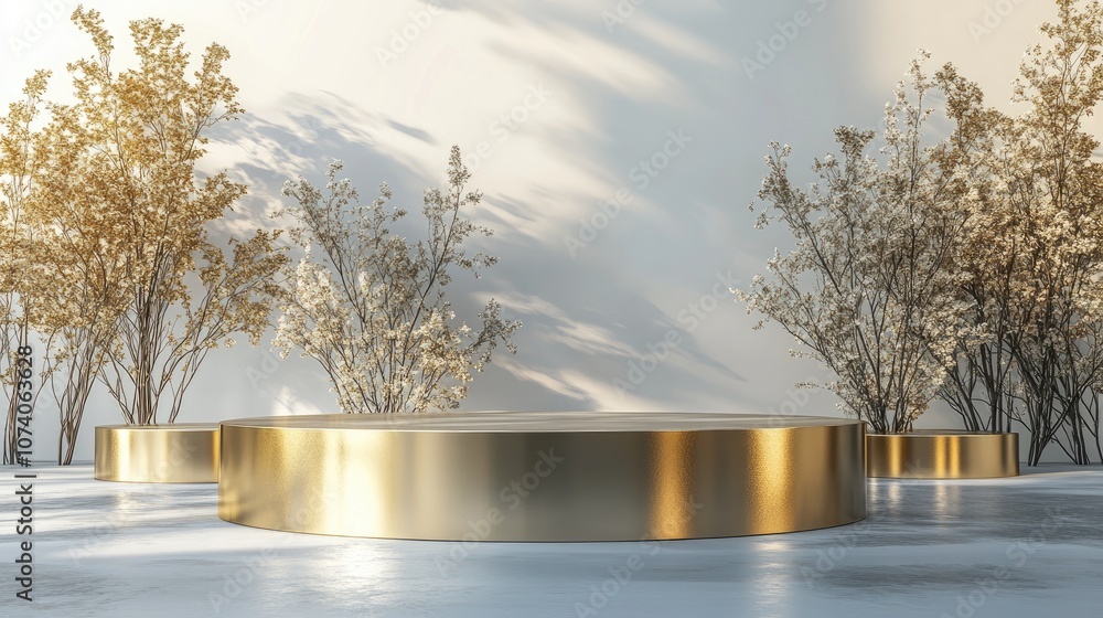 Poster Gold pedestals and product display platforms background visuals 3D computer graphics 3D renderings