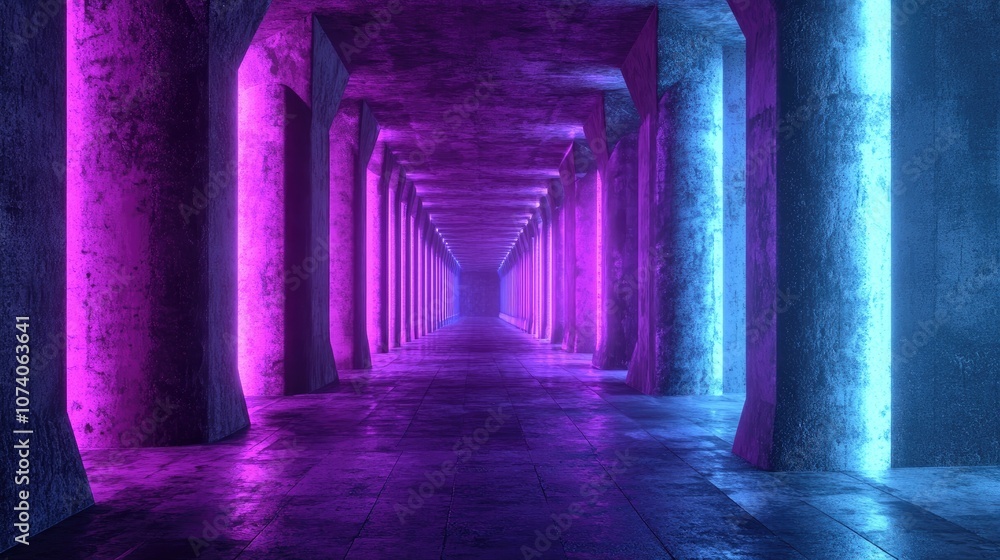 Fototapete futuristic sci fi setting with neon purple and blue lights glowing triangle columns concrete grunge 
