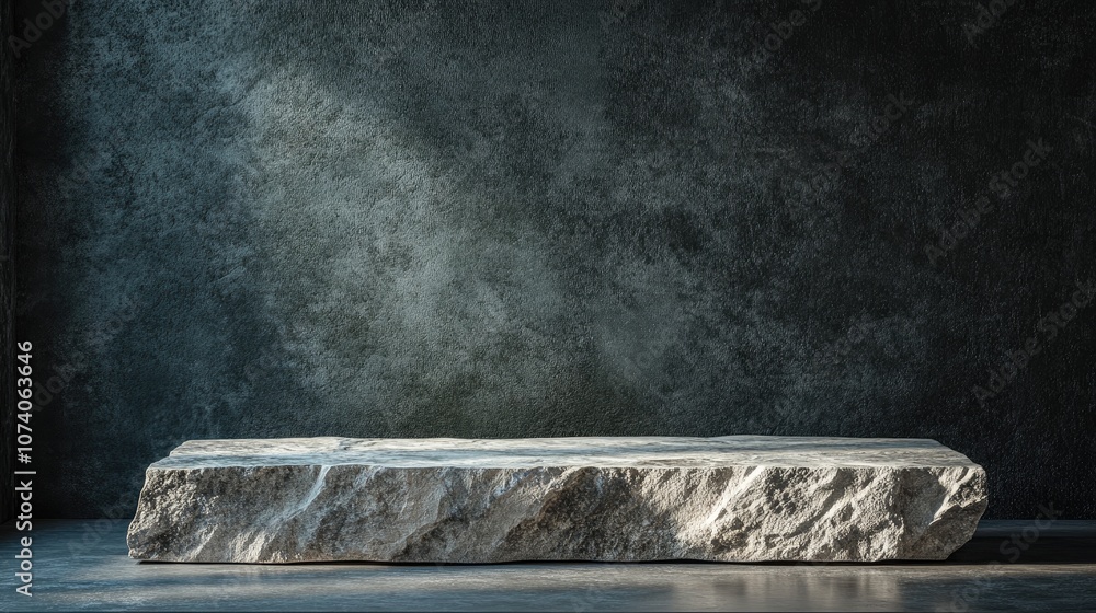 Poster 3d rendering of a stone podium for showcasing products on a dark backdrop