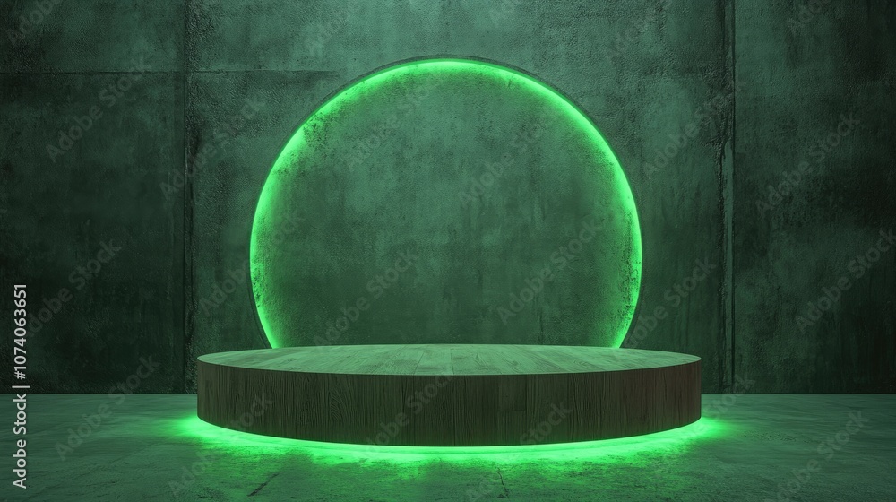Poster neon green 3d rendering of a minimalistic wooden display podium on a textured concrete geometric bac