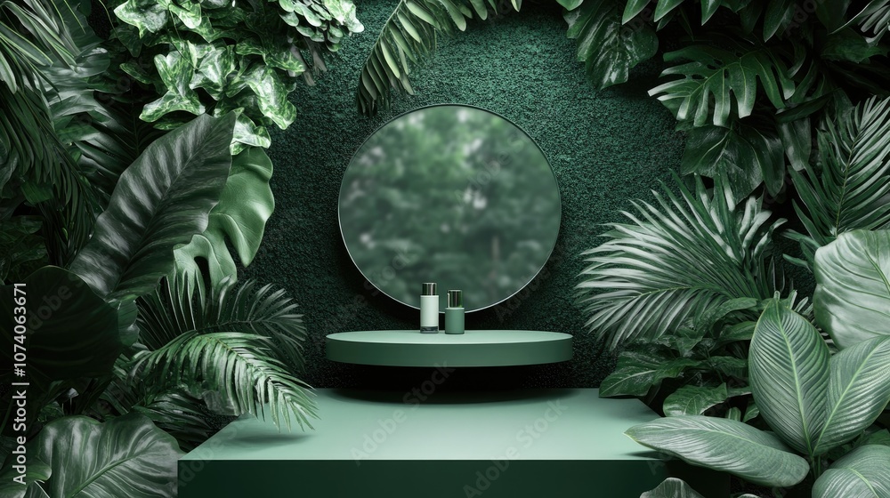 Poster minimal green podium against a backdrop of green leaves showcasing a display for cosmetic or perfume