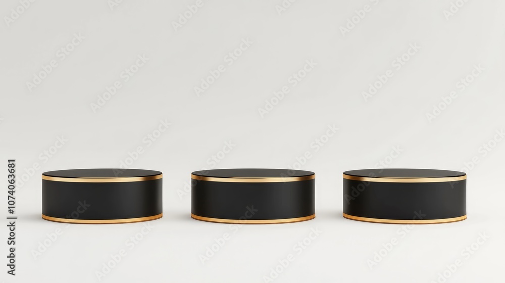 Poster three empty black stands adorned with gold against a white background 3d rendering illustrations for