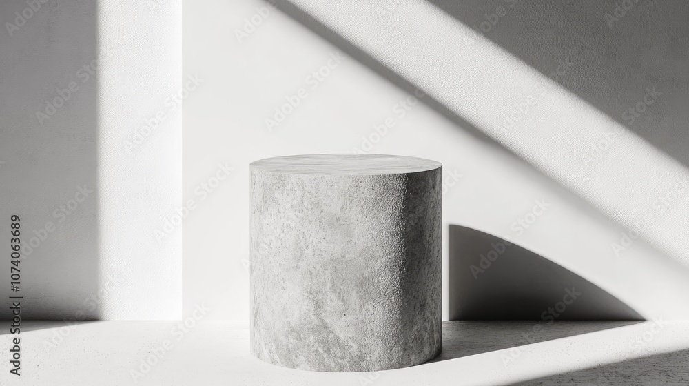 Poster Cylinder shaped product display pedestal with a stone texture on a white background featuring minimal and modern design elements 3D rendering