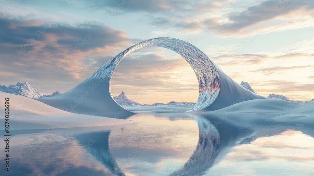 Poster Surreal dreamlike landscape featuring abstract dunes set in a winter scene complemented by a geometric arch Fantasy island view with water and a naturally cloudy sky highlighted by a metallic mirr
