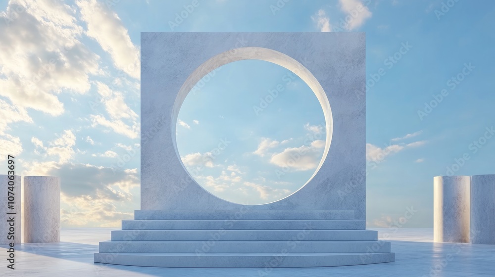 Poster Abstract cylindrical podium for product display featuring columns and a circular opening against a blue sky 3D rendering