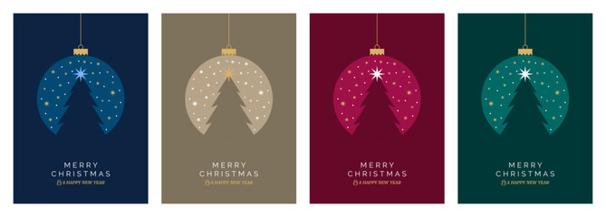 Christmas Card Design Template. Set of Merry Christmas Greeting Cards with Ball decoration and Christmas Tree. Modern Festive Design for Christmas and New Year Greeting Card, Postcard, Poster