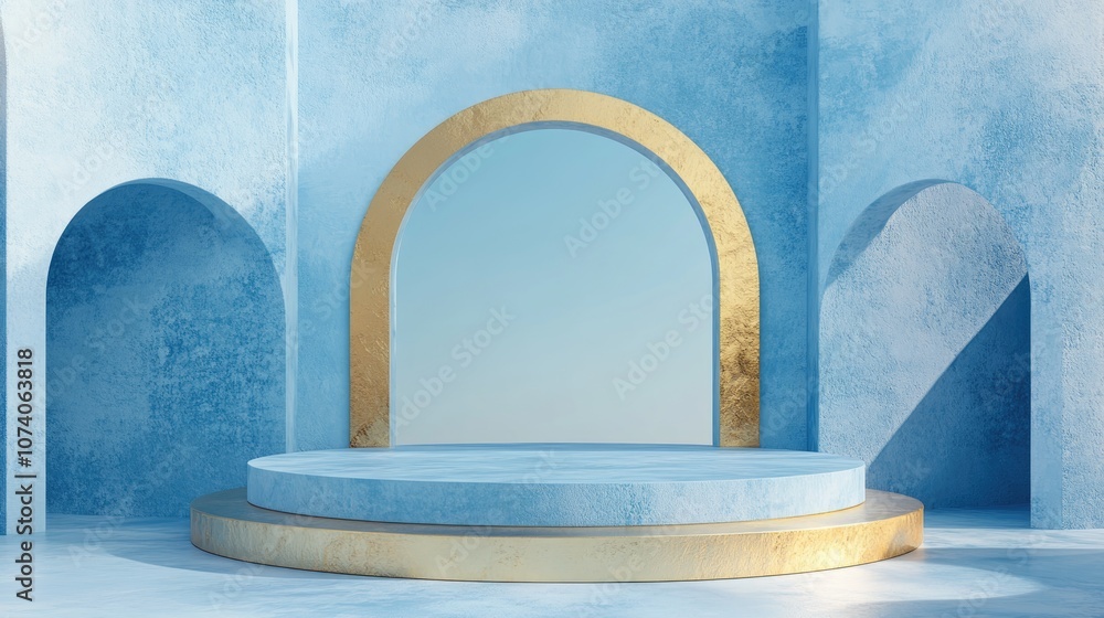 Poster 3D rendering featuring a blue and gold podium within a minimal abstract background showcasing a geometric shape in pastel tones ideal for product display