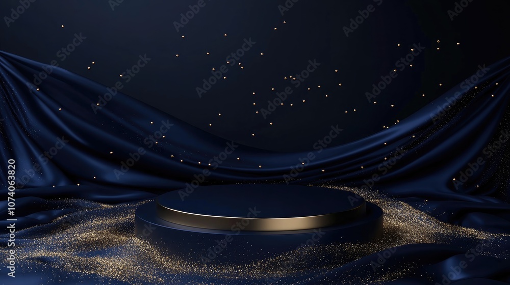 Aufkleber Dark blue 3D rendering of a luxurious display podium or stand on fabric featuring golden threads presented in a simple top down composition