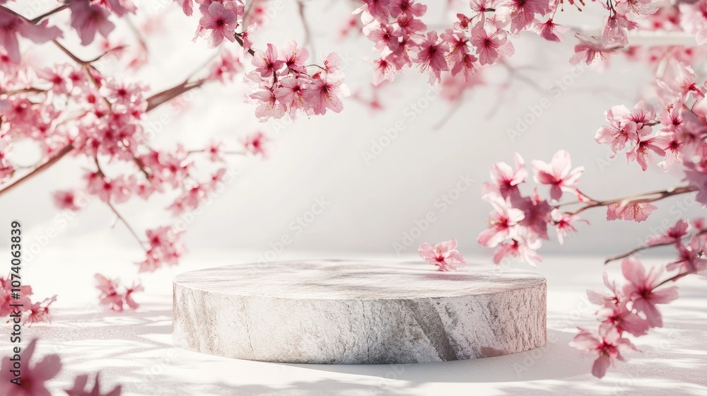 Poster cosmetic background featuring cherry blossoms and a stone podium on a white backdrop for branding an