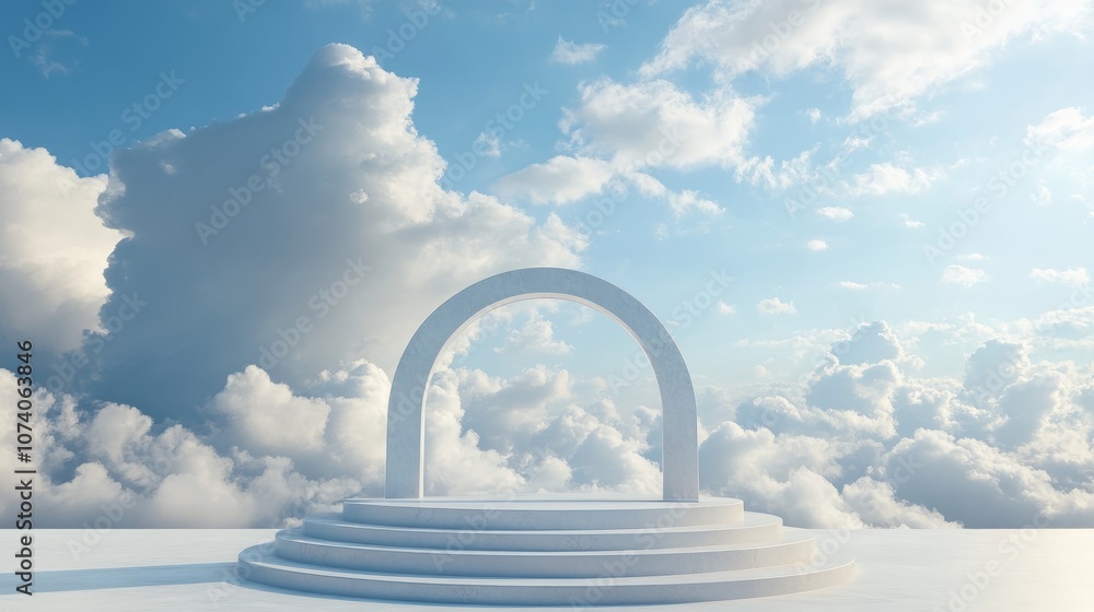 Poster Podium stage set against a blue sky adorned with fluffy clouds offering ample copy space 3D rendering