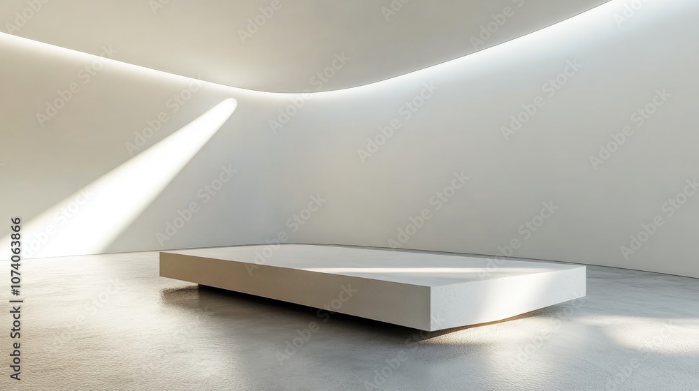 Poster display pedestal and design platform in a white room with lateral lighting 3d rendering